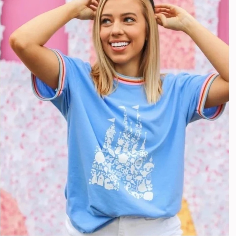 Jadelynn Brooke Light Blue Graphic Short Sleeve Tee with Stripe Trim